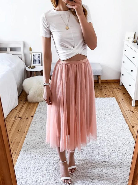 Seindeal Solid Color Mesh Graduated Long Elastic Waist Midi Skirt Women Fashion Tulle Skirt