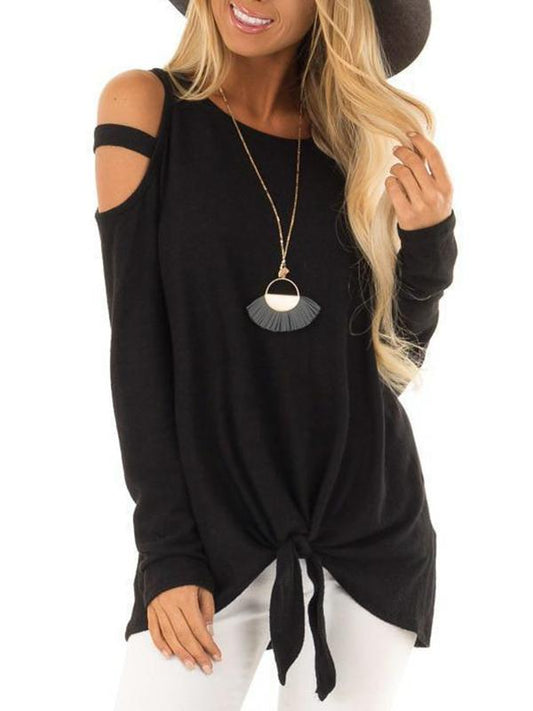 Solid Cut Out Belt Comfy Round Neck Long Sleeve Maternity T-Shirt