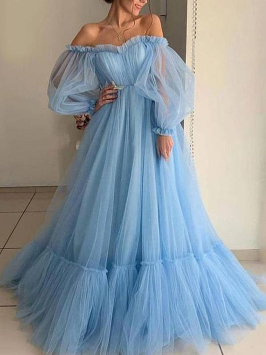 Seindeal Sky Blue Mesh Boat Neck Off Shoulder Long Sleeve Elegant Maxi Dress Ball Gown Evening Dress Tulle Dress