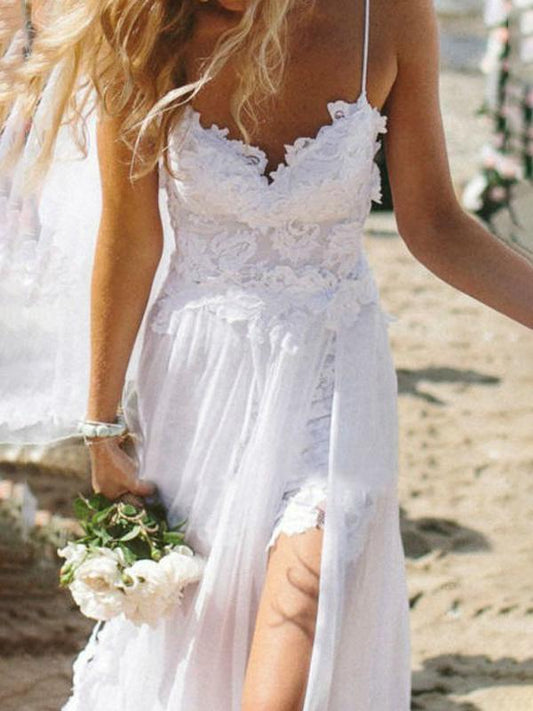 White Side Slit Lace Backless V Neck Spaghetti Straps Women Maxi Dresses Wedding Dress