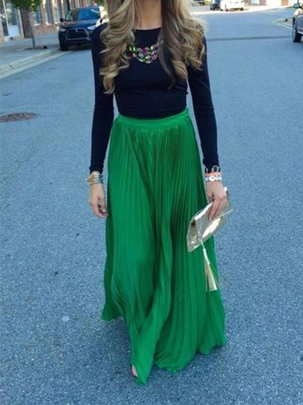 Green Pleated High Waist A-Line Elegant Bohemian Skirt Long Party Pleated Skirt Maxi Skirt Beach Skirt