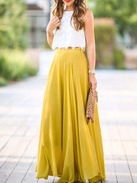 Yellow Draped Elastic Waist Elegant Summer Bohemian Chiffon Maxi Skirt Women