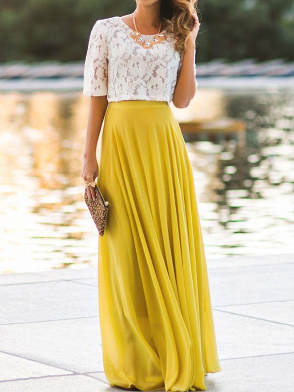 Yellow Draped Elastic Waist Elegant Summer Bohemian Chiffon Maxi Skirt Women