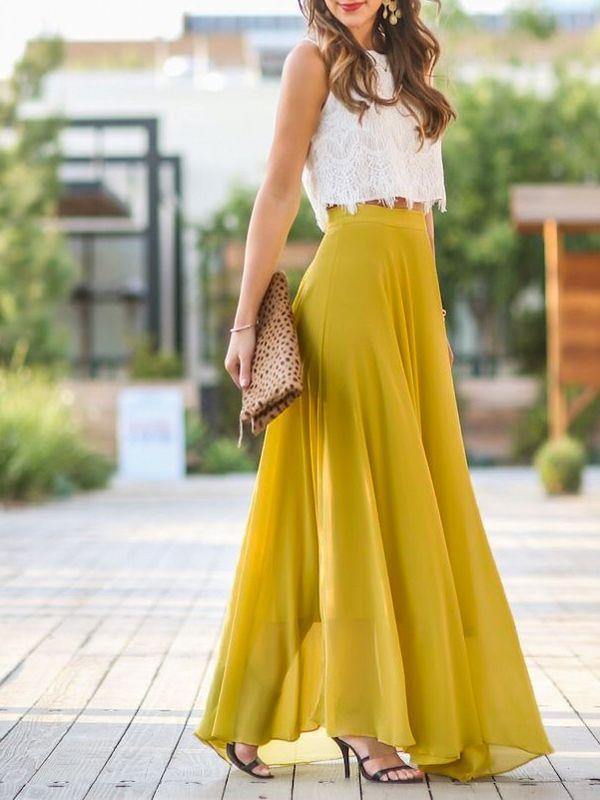 Yellow Draped Elastic Waist Elegant Summer Bohemian Chiffon Maxi Skirt Women