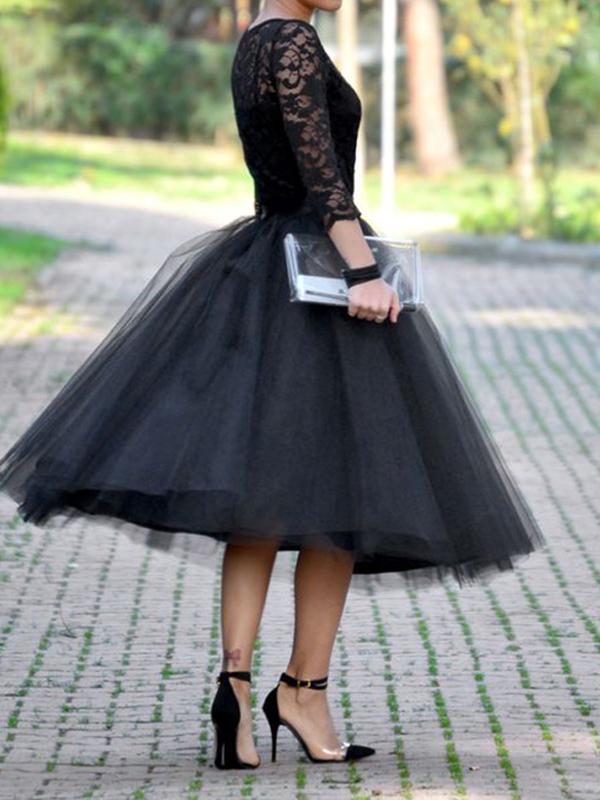 Seindeal Black Midi Plus Size Skirt Plain Pleated High Waisted Party Evening Tutu Tulle Skirt Dress