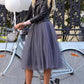 Seindeal Light Gray Mesh Pleated High Waisted Midi Skirt Elegant Party Evening Tutu Tulle Skirt