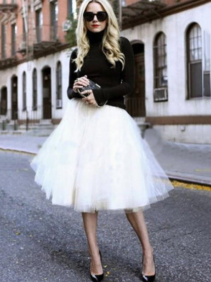 Seindeal  White Solid Color Draped High Waisted Tutu Puffy Party Midi Skirt Women Elegant Tulle Skirt