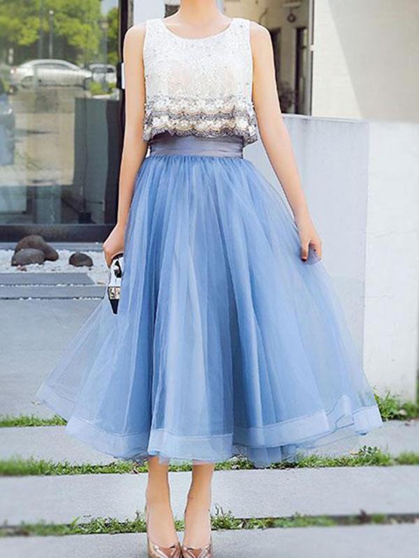 Blue Mesh Plain Pleated High Waisted Maxi Skirt Elegant Party Evening Tutu Tulle Skirt