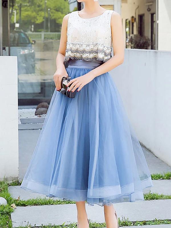 Blue Mesh Plain Pleated High Waisted Maxi Skirt Elegant Party Evening Tutu Tulle Skirt