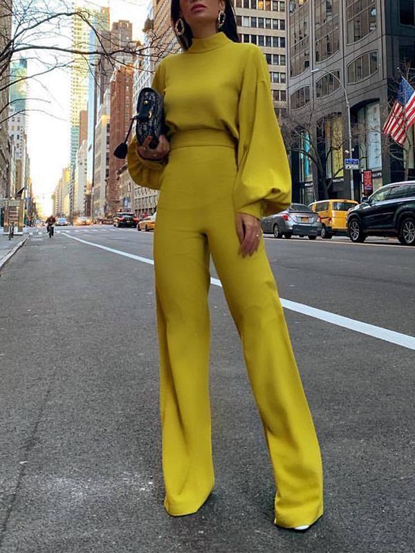 Solid Color Round Neck Long Sleeve Casual Long Women Jumpsuit