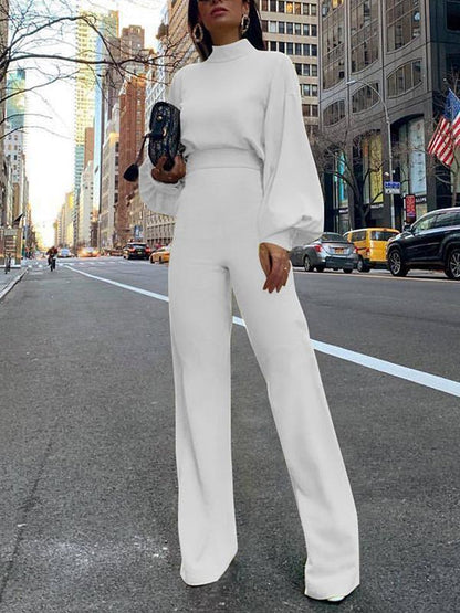 Solid Color Round Neck Long Sleeve Casual Long Women Jumpsuit