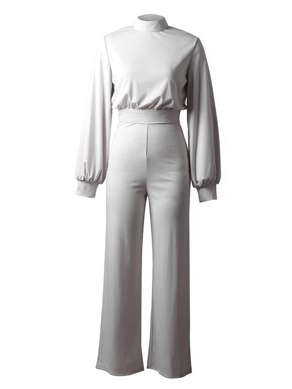 Solid Color Round Neck Long Sleeve Casual Long Women Jumpsuit