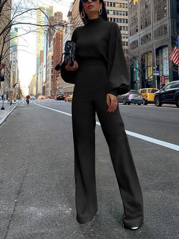 Solid Color Round Neck Long Sleeve Casual Long Women Jumpsuit