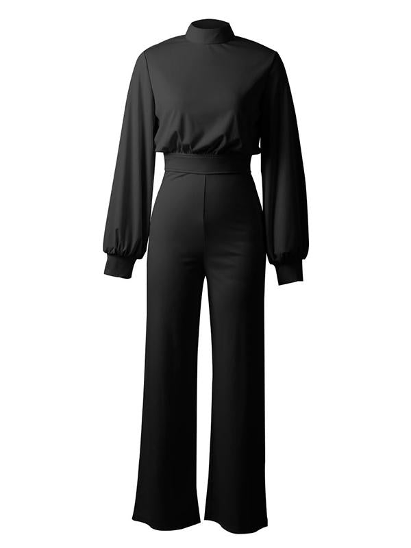 Solid Color Round Neck Long Sleeve Casual Long Women Jumpsuit