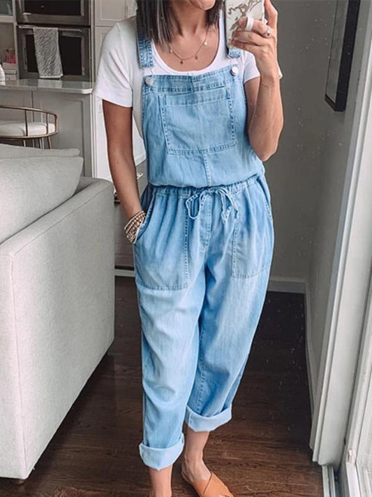 Solid color pockets drawstring women overalls dungarees