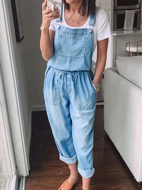 Solid color pockets drawstring women overalls dungarees