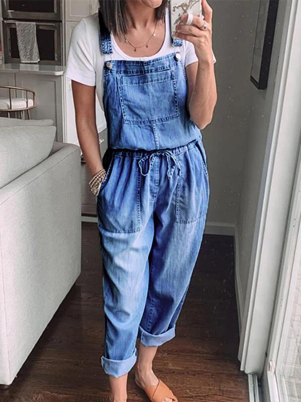 Solid color pockets drawstring women overalls dungarees