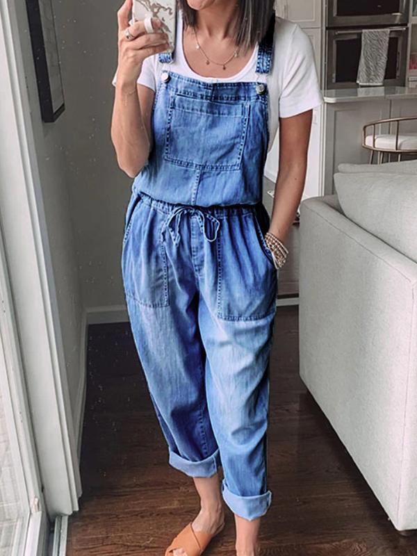 Solid color pockets drawstring women overalls dungarees