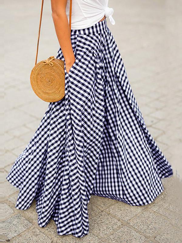 Checkered Pockets Long High Waist Women Fashion Skirts