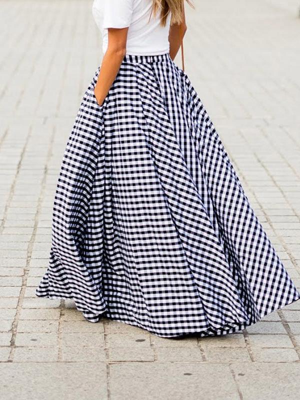 Checkered Pockets Long High Waist Women Fashion Skirts