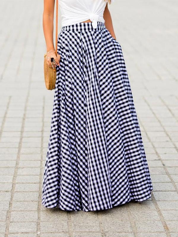 Checkered Pockets Long High Waist Women Fashion Skirts