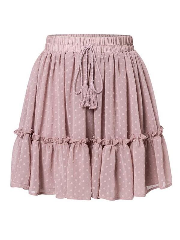 Pink Polka Dot Ruffles Drawstring High Waist Tutu Women Fashion Elegant Plumetis Cuddly Beach Skater Mini Skirt Volant Skirt