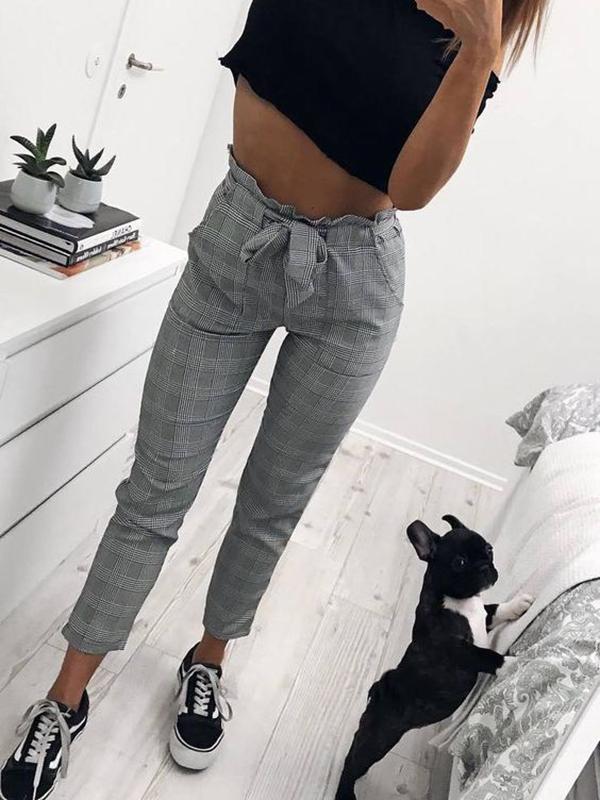 Gray Checkered Pocket Print High Waist Tie Belt Casual Women's Nine's Pants With Bow Paperbag Pants