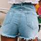 Light Blue Pockets Buttons Ripped High Waisted Fashion Ripped Shorts Women Jeans Hotpants