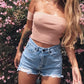 Light Blue Pockets Buttons Ripped High Waisted Fashion Ripped Shorts Women Jeans Hotpants