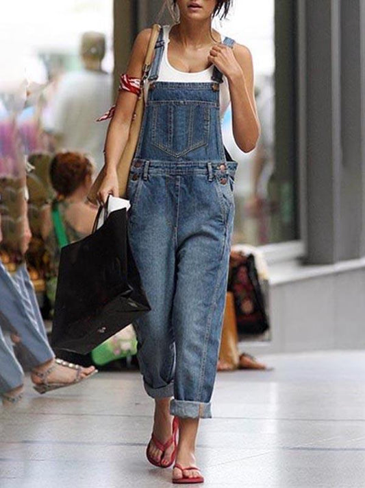 Blue Shoulder Ribbon Pockets Oversize Jumpsuit Jeans Long Denim Dungarees Women Fashion