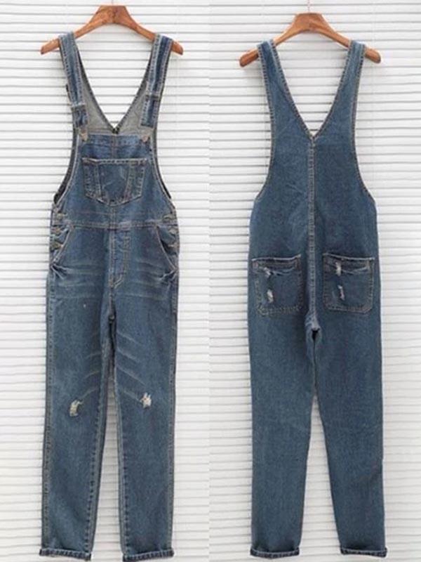 Blue Shoulder Ribbon Pockets Oversize Jumpsuit Jeans Long Denim Dungarees Women Fashion