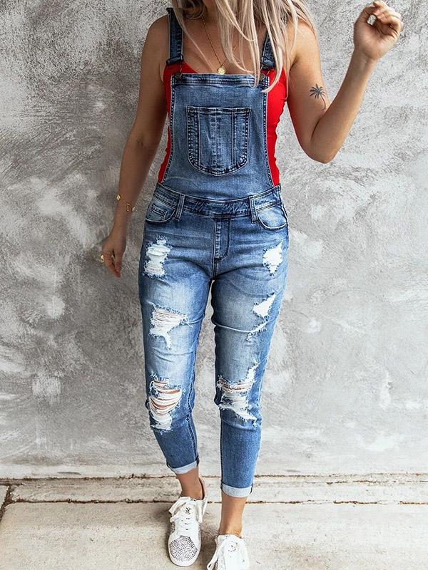 Destroyed pockets women overalls dungarees