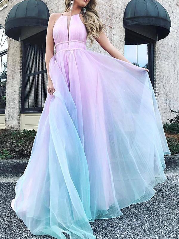 Seindeal Cut Out Colorful Turquoise Gradient Elegant Festive Pastel Rainbow Maxi Dress Baby Blue