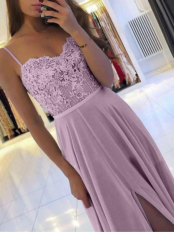 Seindeal   Lace Spaghetti Straps Backless V-Neck Slit Elegant Maxi Dress Evening Dress Engagement Dresses