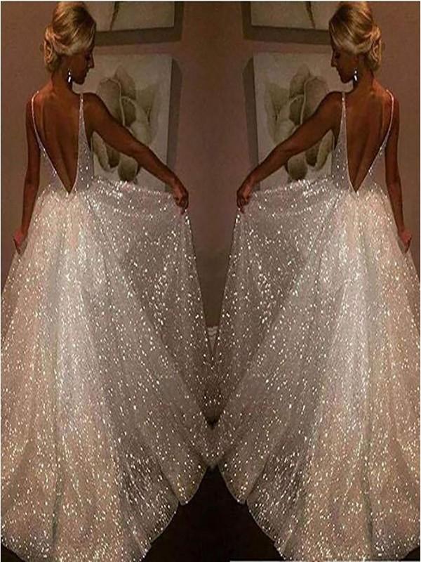 Seindeal White Sequins Glitter Backless V-Neck Elegant Maxi Dress Evening Dress Wedding Dress