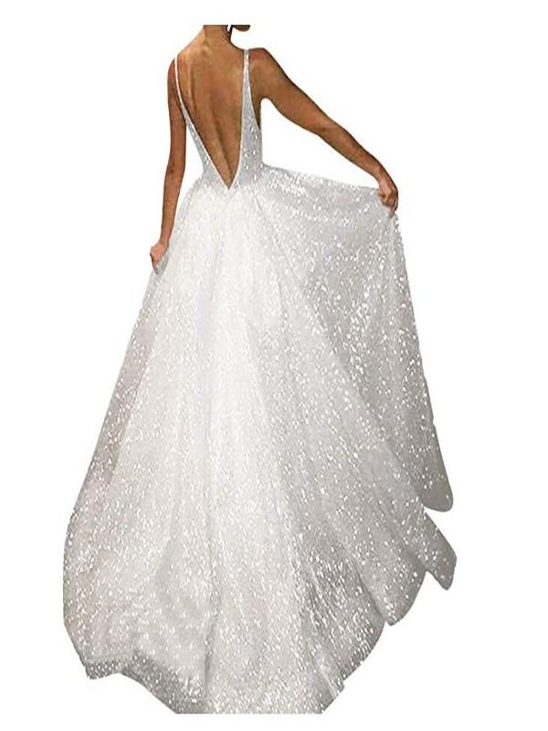 Seindeal White Sequins Glitter Backless V-Neck Elegant Maxi Dress Evening Dress Wedding Dress