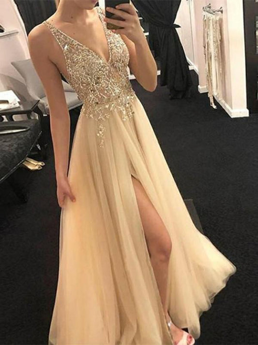 Seindeal Apricot Sequins Glitter Slit V-Neck Sleeveless Elegant Maxi Dress Evening Dresses Ball Gown