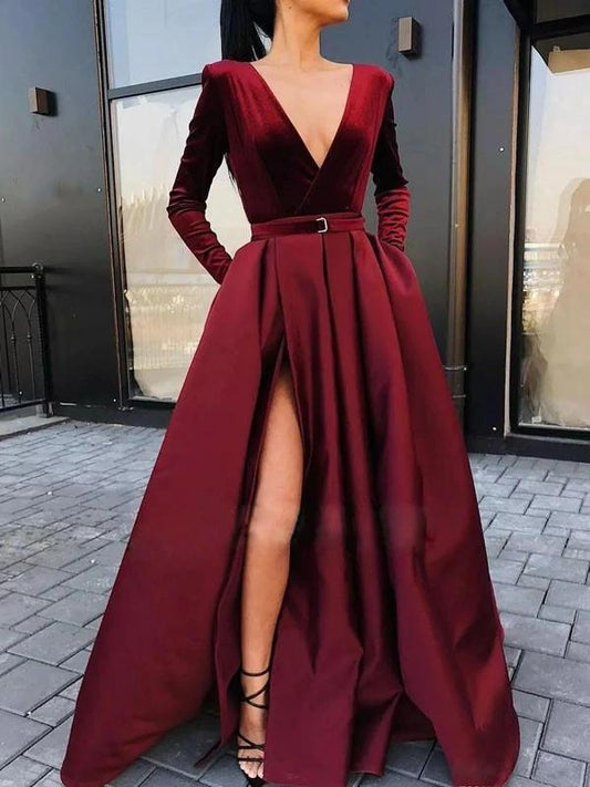 Seindeal Red Pleated Pockets Deep V-Neck Long Sleeve Slit Elegant Maxi Dress Party Dress Evening Dress