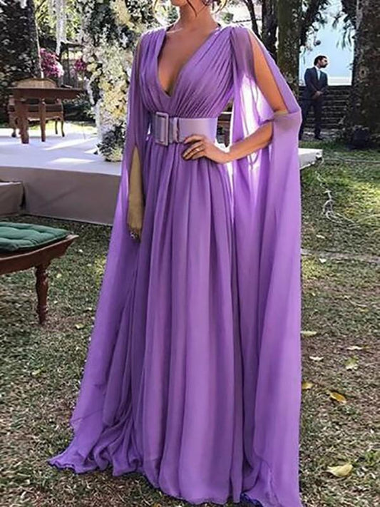 Seindeal Purple Cut Out Deep V Neck Chiffon Elegant Maxi Dress Evening Dress Ball Gown