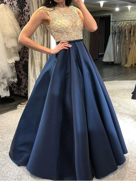 Seindeal Blue Beading Glitter Round Neck Sleeveless Elegant Maxi Dress Evening Dress Ball Gown