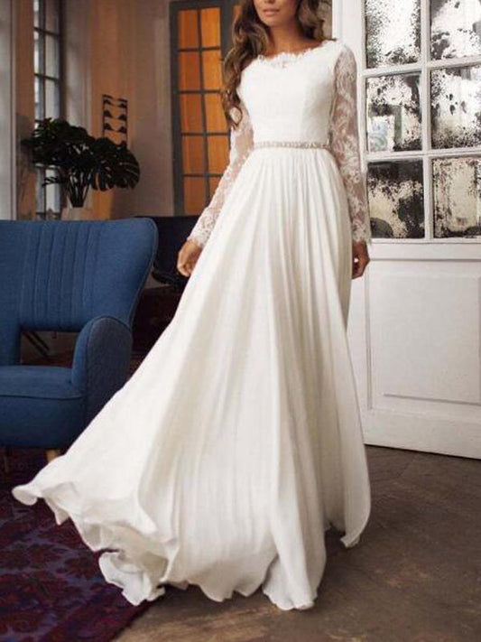 White Lace Deep V Backless Round Neck Long Sleeve Elegant Maxi Dress Evening Dress Ball Gown