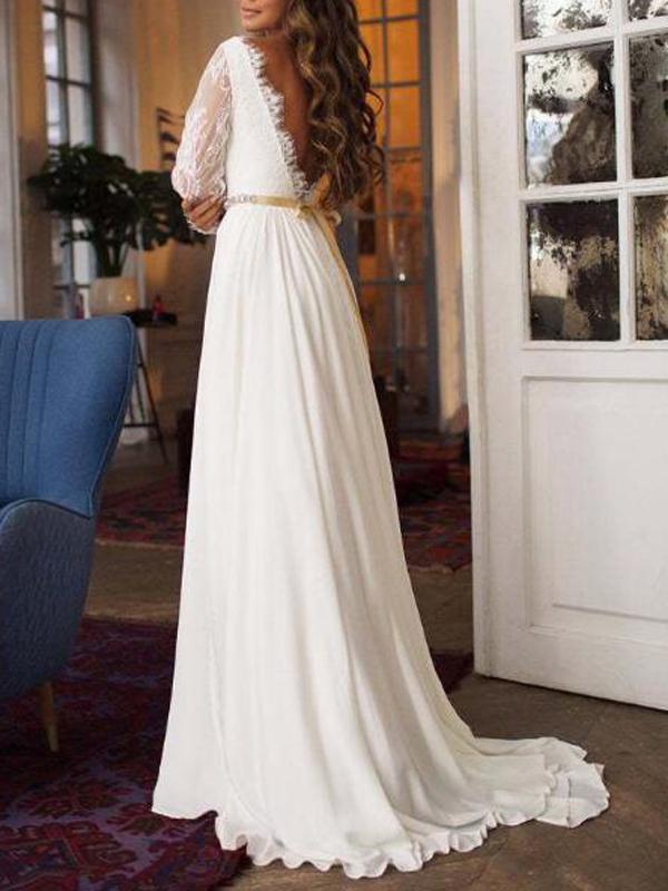 White Lace Deep V Backless Round Neck Long Sleeve Elegant Maxi Dress Evening Dress Ball Gown