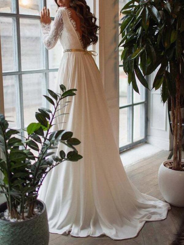 White Lace Deep V Backless Round Neck Long Sleeve Elegant Maxi Dress Evening Dress Ball Gown