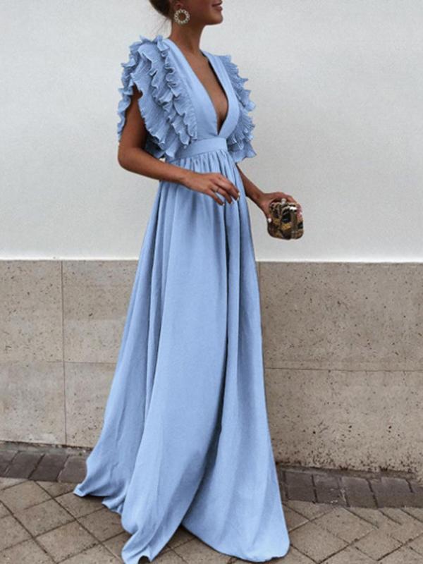 Cascading Ruffle High Waist Deep V Neck Sleeveless Maxi Dresses Women's Evening Dress