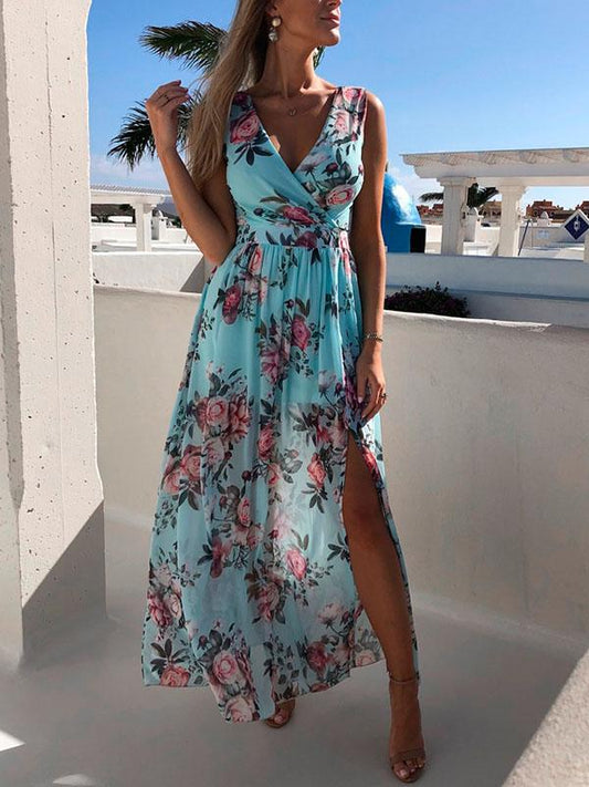 Flowers Floral V-Neck Sleeveless Side Slit Maxi Dress Beach Dress Summer Dress