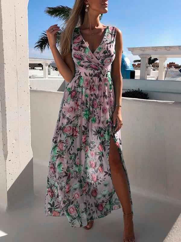 Flowers Floral V-Neck Sleeveless Side Slit Maxi Dress Beach Dress Summer Dress