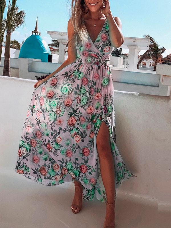 Flowers Floral V-Neck Sleeveless Side Slit Maxi Dress Beach Dress Summer Dress