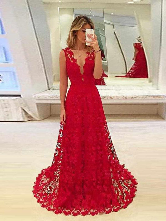 Seindeal Red Crochet Lace V-Neck Sleeveless Train Elegant Maxi Dress Evening Dress Ball Gown