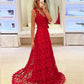 Seindeal Red Crochet Lace V-Neck Sleeveless Train Elegant Maxi Dress Evening Dress Ball Gown