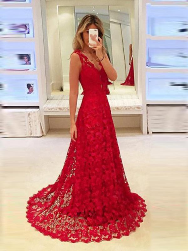 Seindeal Red Crochet Lace V-Neck Sleeveless Train Elegant Maxi Dress Evening Dress Ball Gown